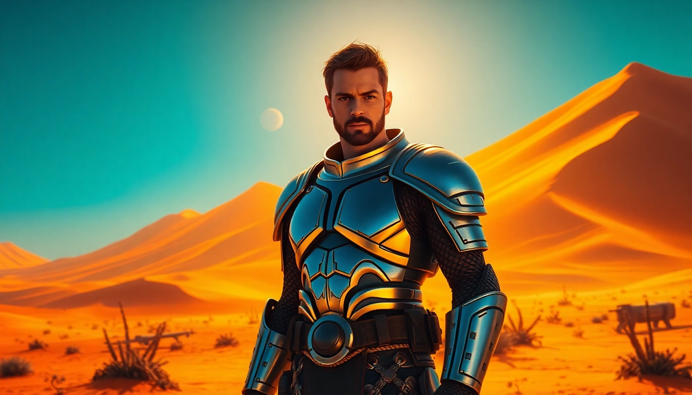 Dune 2 download featuring a heroic gaming character in a vibrant alien desert landscape.