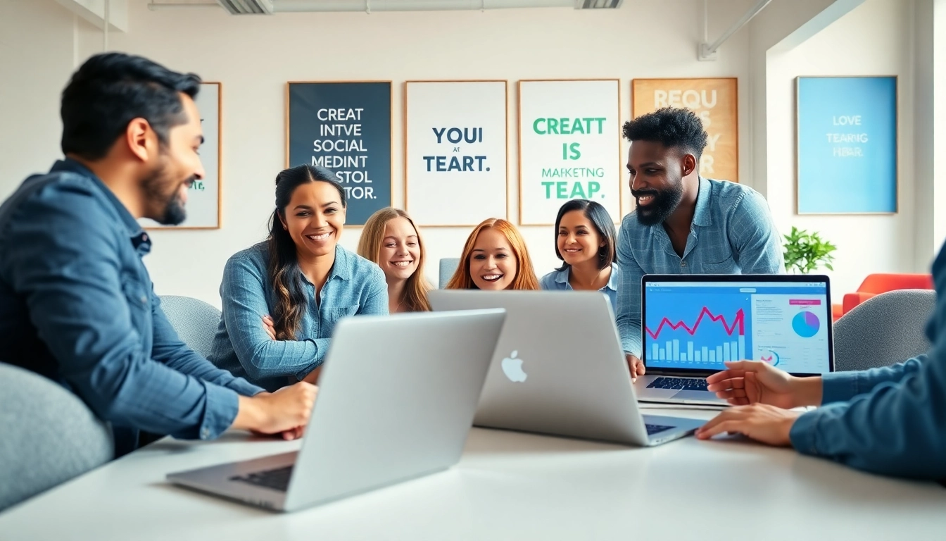 Engage with a vibrant social media agency team brainstorming innovative strategies in a modern workspace.
