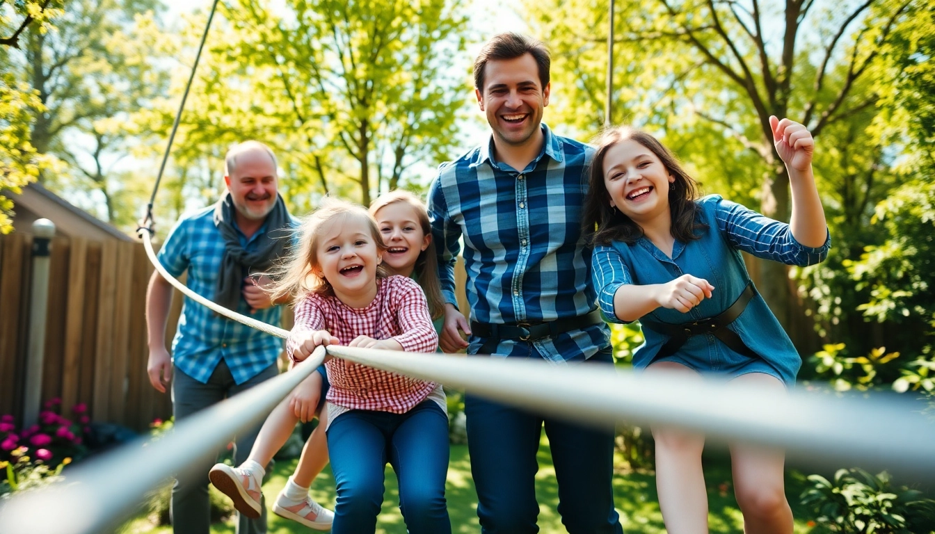 Family having fun with a GARDEN ZIP WIRE KIT in a vibrant backyard setting.