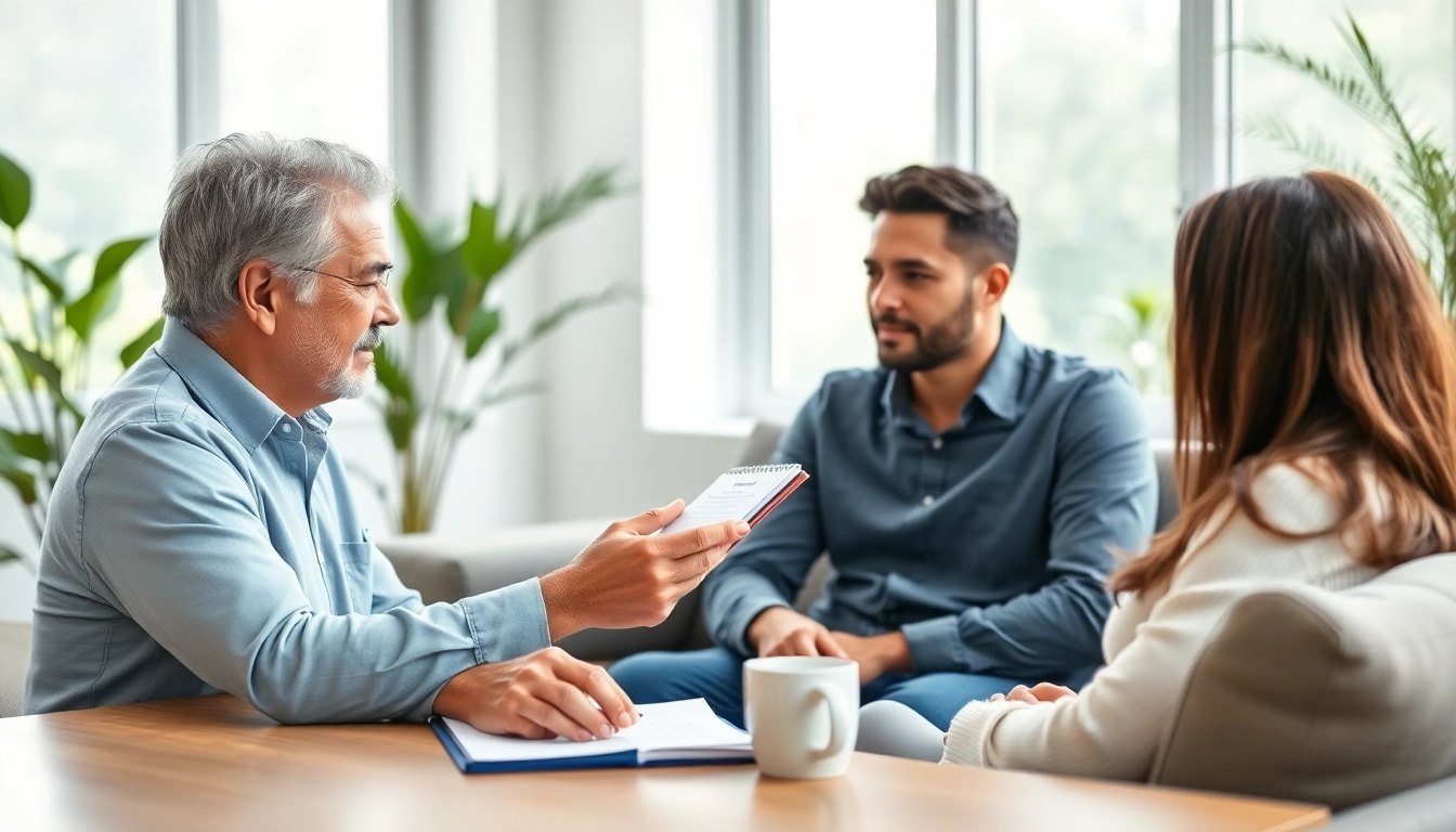 Empathetic relationship coach guiding a couple in a serene, professional setting.