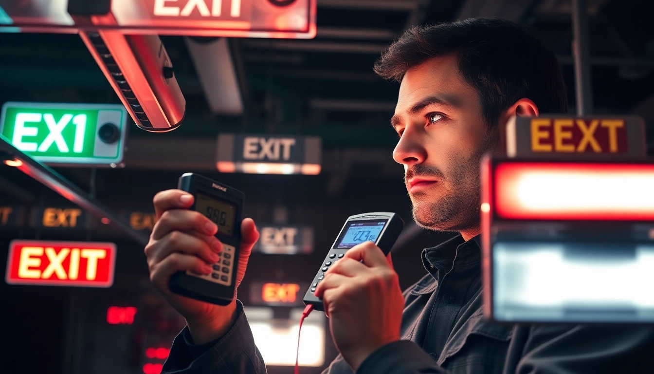 Performing Emergency Light Testing with a technician demonstrating inspection procedures in a commercial setting.
