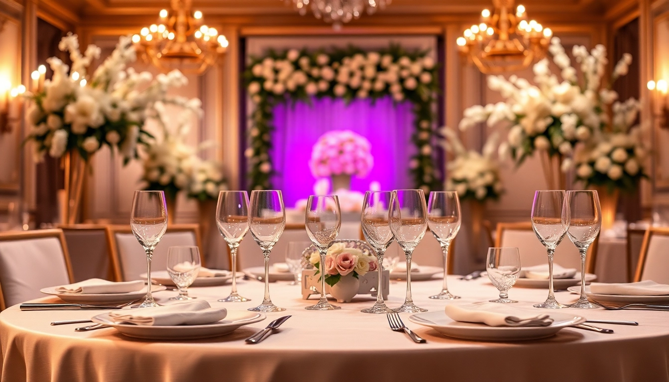Stunning event space featuring elegant decorations for a sophisticated gathering.