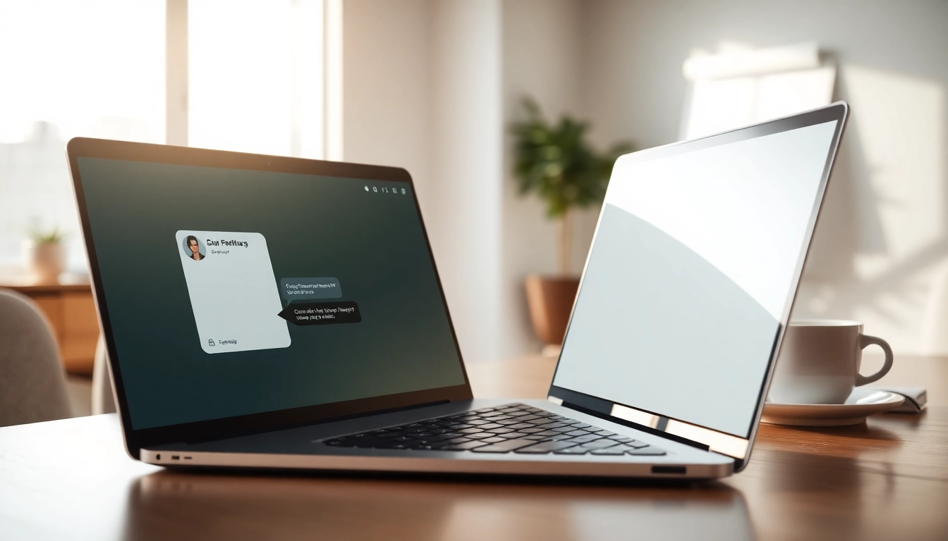 Showcasing a chatbot for website interaction on a modern laptop in a bright office.
