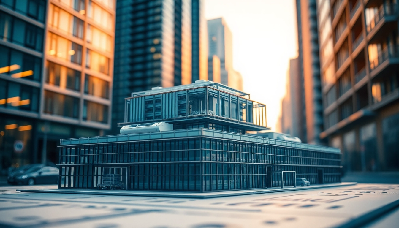 3d visualisierung eines komplexen Architekturmodells in städtischer Umgebung.
