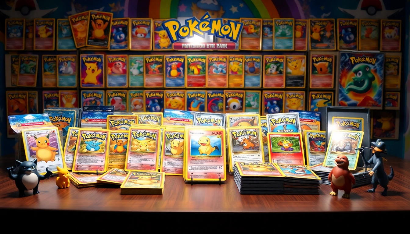 Showcase of real pokemon cards india featuring booster packs and collectibles in a vibrant display.