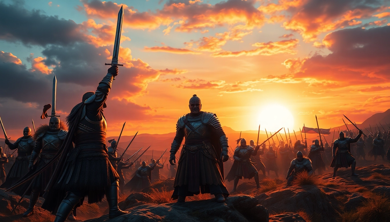 Warlords engaging in an epic battle scene, showcasing intense action and heroic composition.