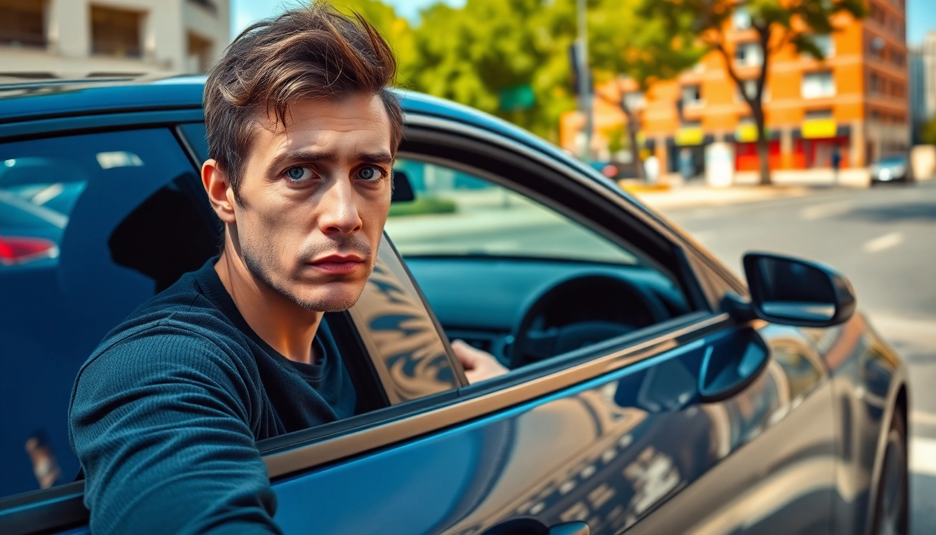 Individual frustrated by keys locked in car, urgent urban scene highlighting the problem.