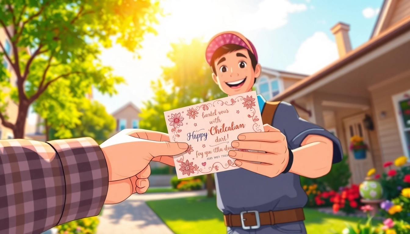 Delivering next day delivery cards UK with a smiling delivery man in a cheerful neighborhood.