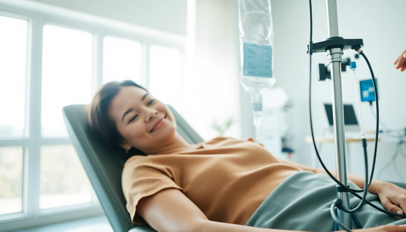 Patient enjoying IV Therapy treatment in a calming clinic environment, showcasing relaxation and health benefits.
