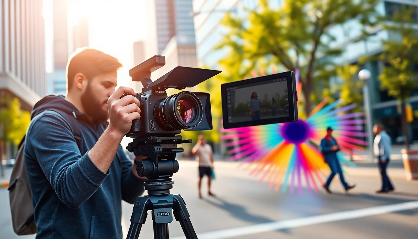 Showcasing video production Edmonton with a cinematographer capturing vibrant city scenes.