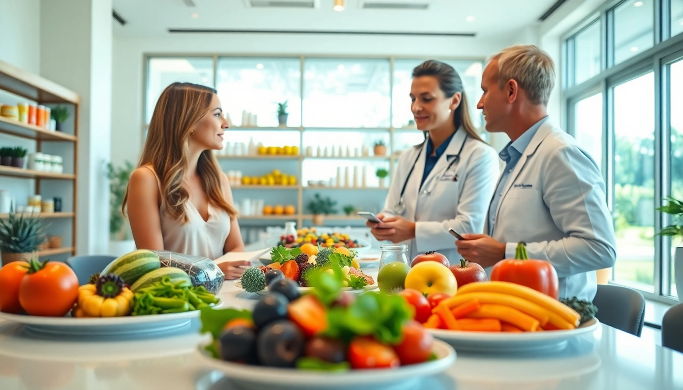 Engaged clients learning about the diet program from a nutritionist in a friendly spa environment.
