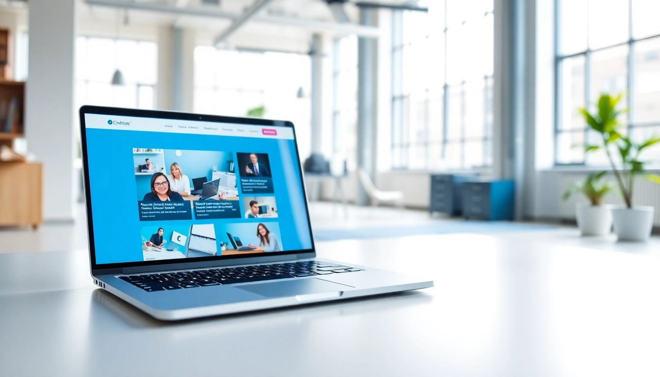Design a professional website design on a laptop in a modern office setting.