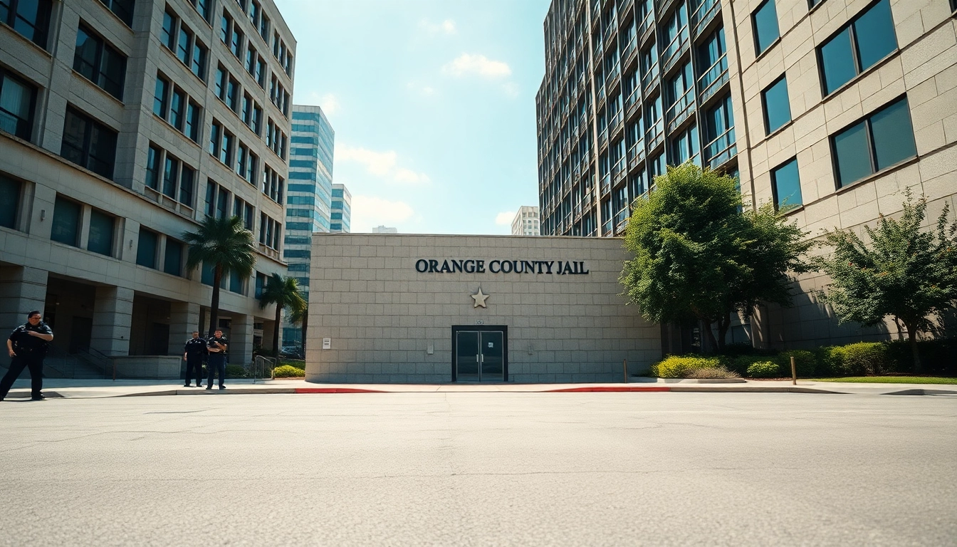 View of the orange county jail with urban backdrop and officers, reflecting law enforcement.