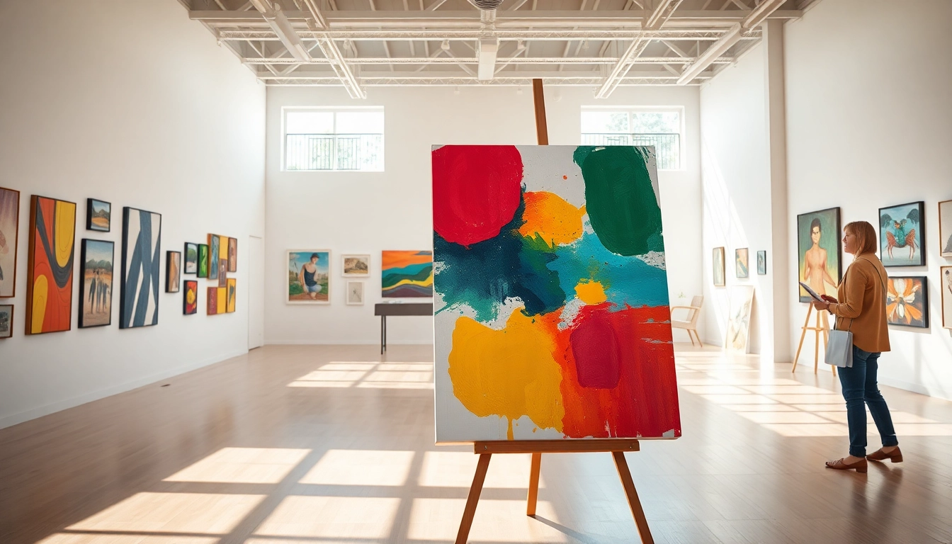 Visitors admiring unique artworks at the in lieu gallery in a vibrant contemporary setting.
