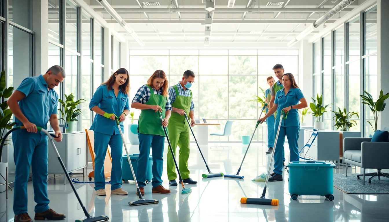 Professionelle Reinigung im Gebäudeservice Gießen durch ein dynamisches Team in einem modernen Büro.