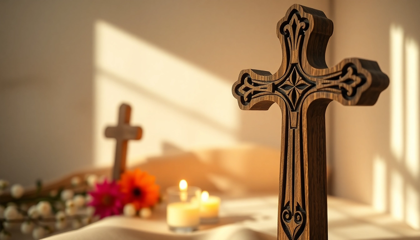 Showcase of handmade crosses featuring intricate details and natural wood textures