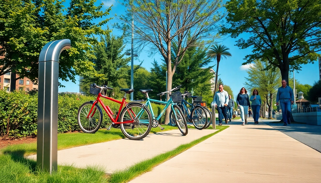 Modern bike rack showcasing a sleek design with bikes parked securely in a vibrant urban environment.
