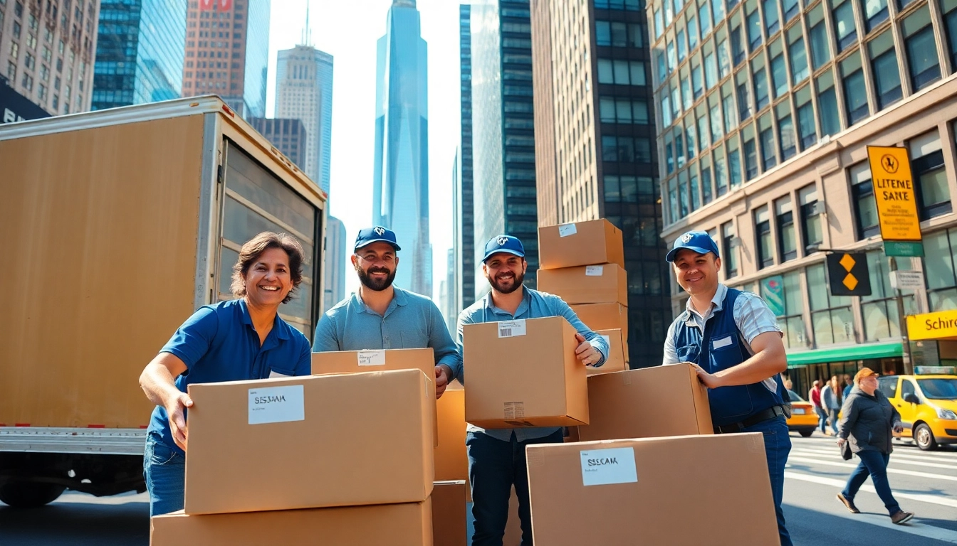Movers from a professional moving company nyc carefully loading boxes into a truck in NYC.