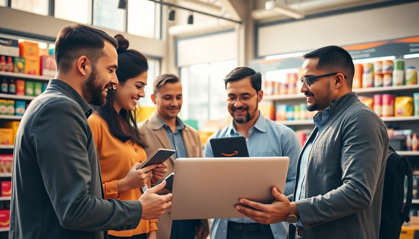 Explore amazon business wholesale with diverse bulk products and professionals collaborating.