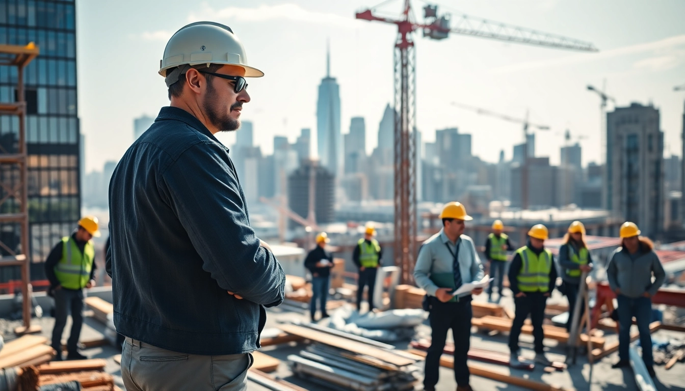 New York City Commercial General Contractor supervises a modern construction site with a diverse crew.