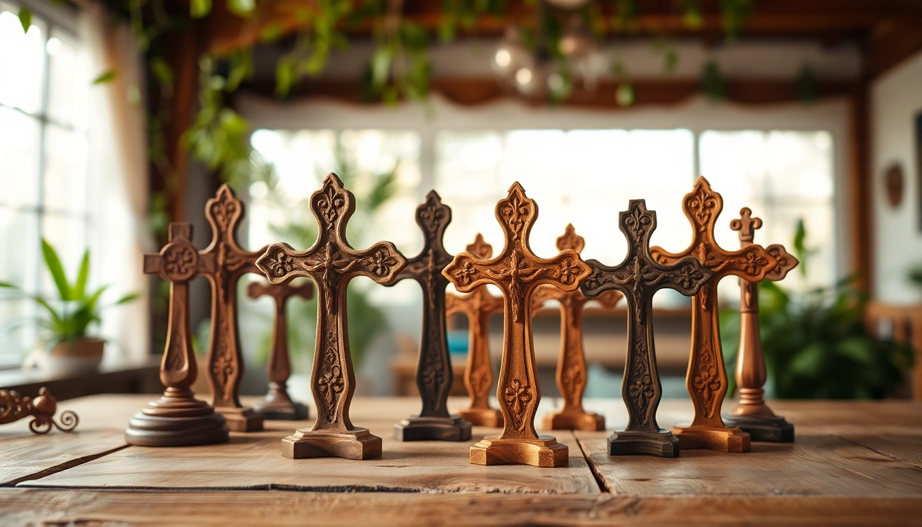 Handmade crosses beautifully crafted from wood displayed elegantly on a rustic table.