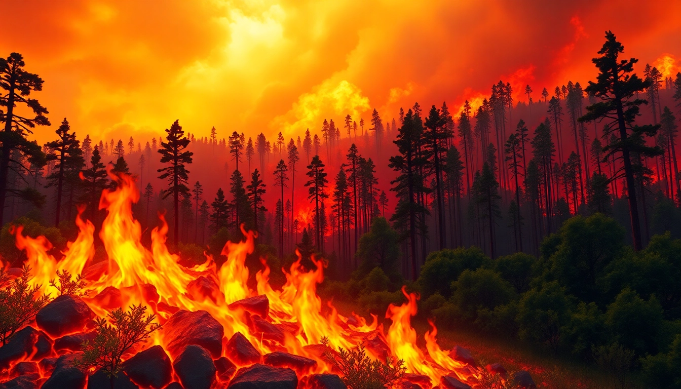Depicting wildfire events with fiery destruction against the backdrop of charred trees.