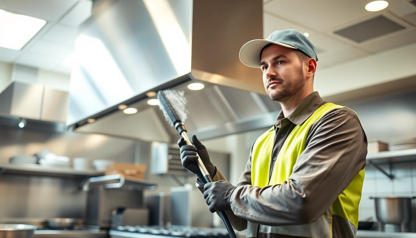 Technician executing Restaurant Exhaust Hood Cleaning service in a professional kitchen setting.