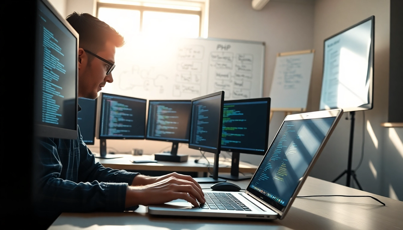 Learn PHP programming online through an engaging scene of a developer coding with focus and creativity.