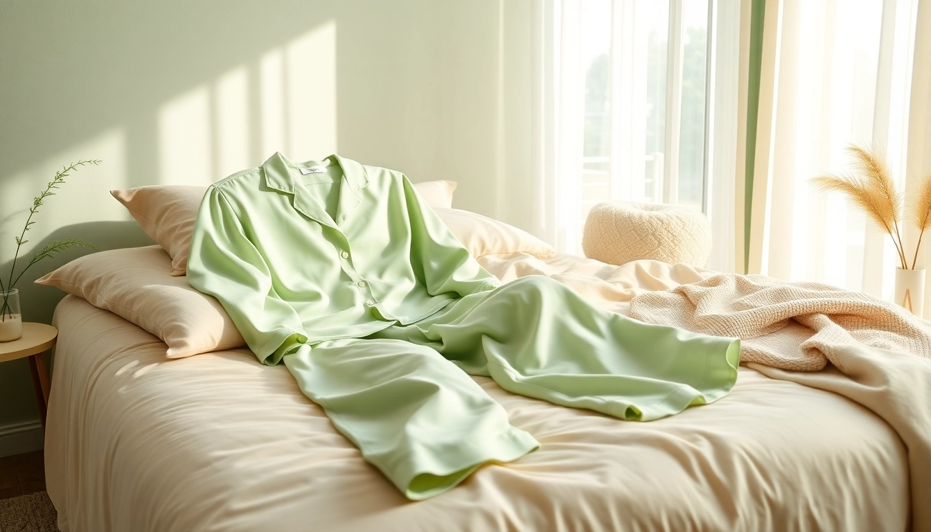 Explore cozy Bamboo pajamas with pastel hues on a plush bed, showcasing luxury and comfort.