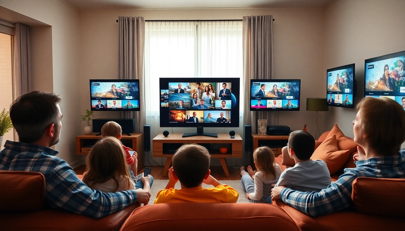 Comprar IPTV en un ambiente familiar con múltiples pantallas y diversas opciones de entretenimiento.