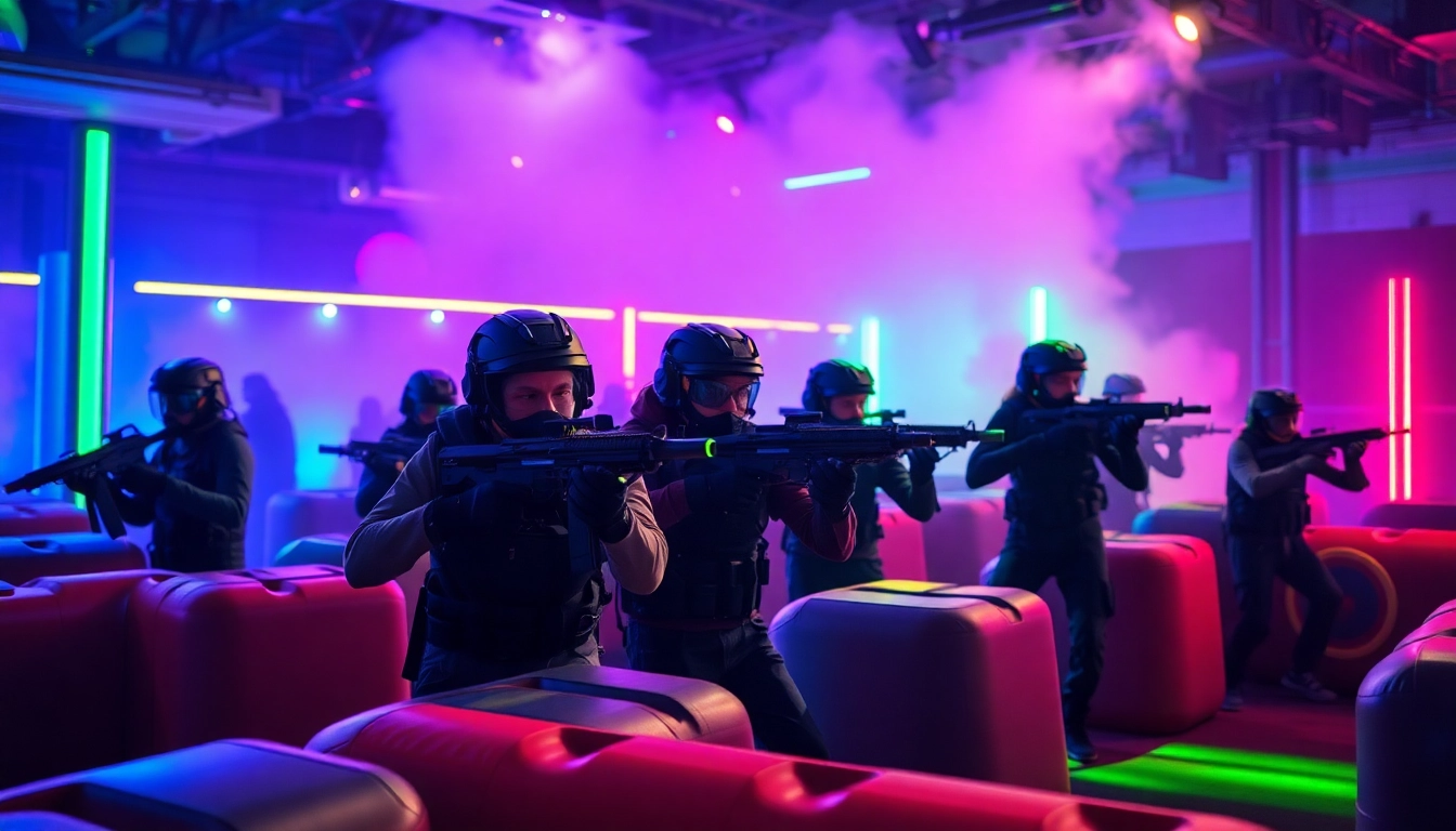 Players engaging in laser tag battles in a vibrant neon-lit arena.