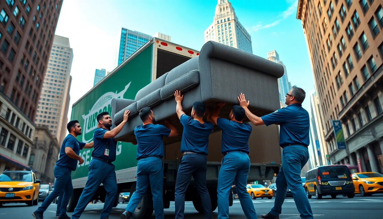 See the best movers nyc expertly handling a large sofa in a vibrant NYC setting.