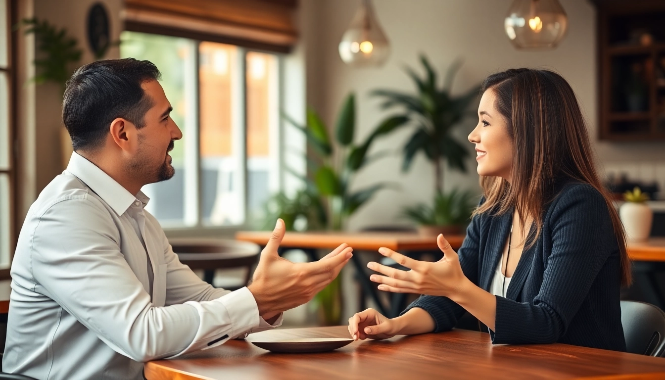 Couple discussing effective communication in relationships at a cozy cafe, highlighting connection.