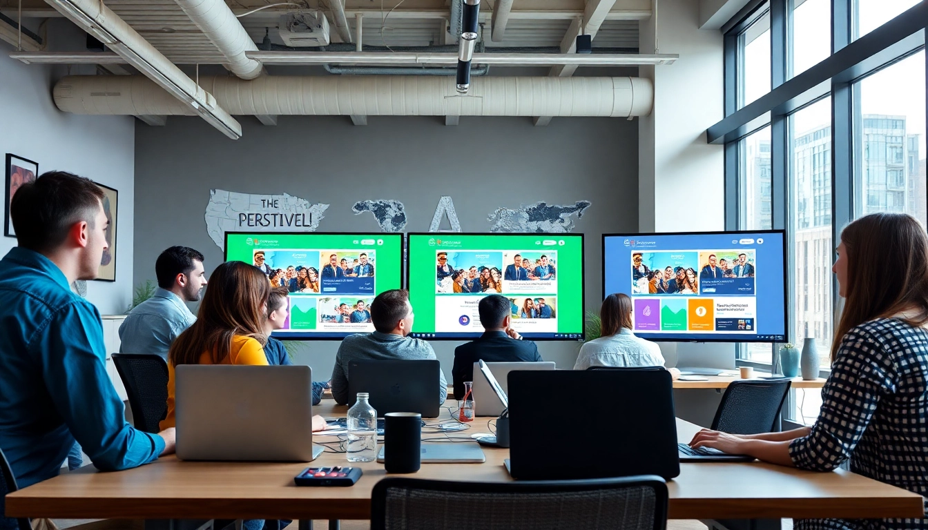 Team collaborating on innovative website design in Kansas City within a vibrant modern office.