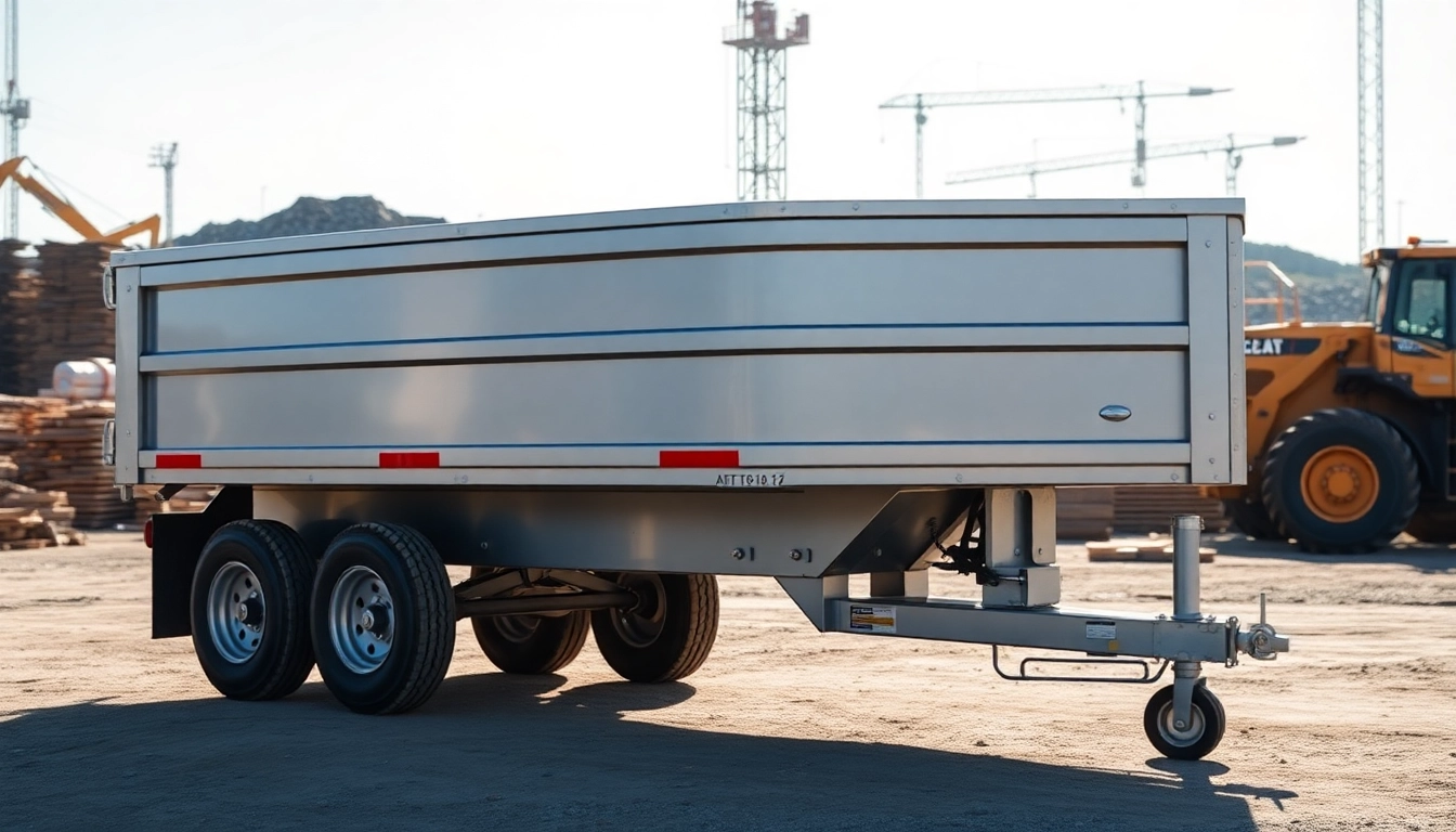 Explore a reliable used dump trailer for sale near me against a vibrant construction background.