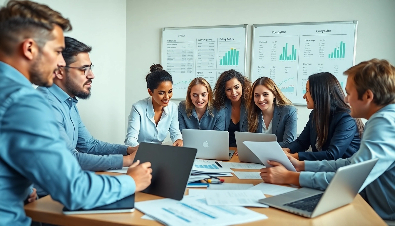 Analyze competitor pricing strategy with professionals collaborating in a bright office setting.