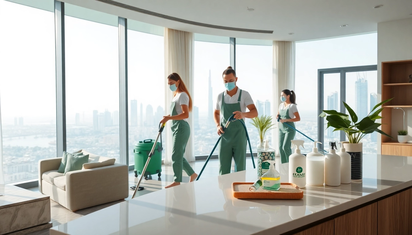 Efficient deep cleaning services Dubai showcased in a modern apartment setting with professional cleaners.