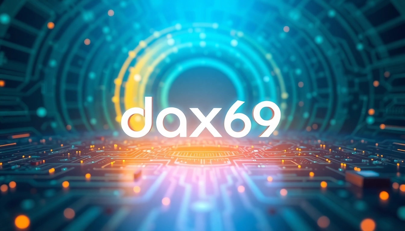 Menggambarkan branding dax69 dengan desain modern yang futuristik dan warna mencolok.